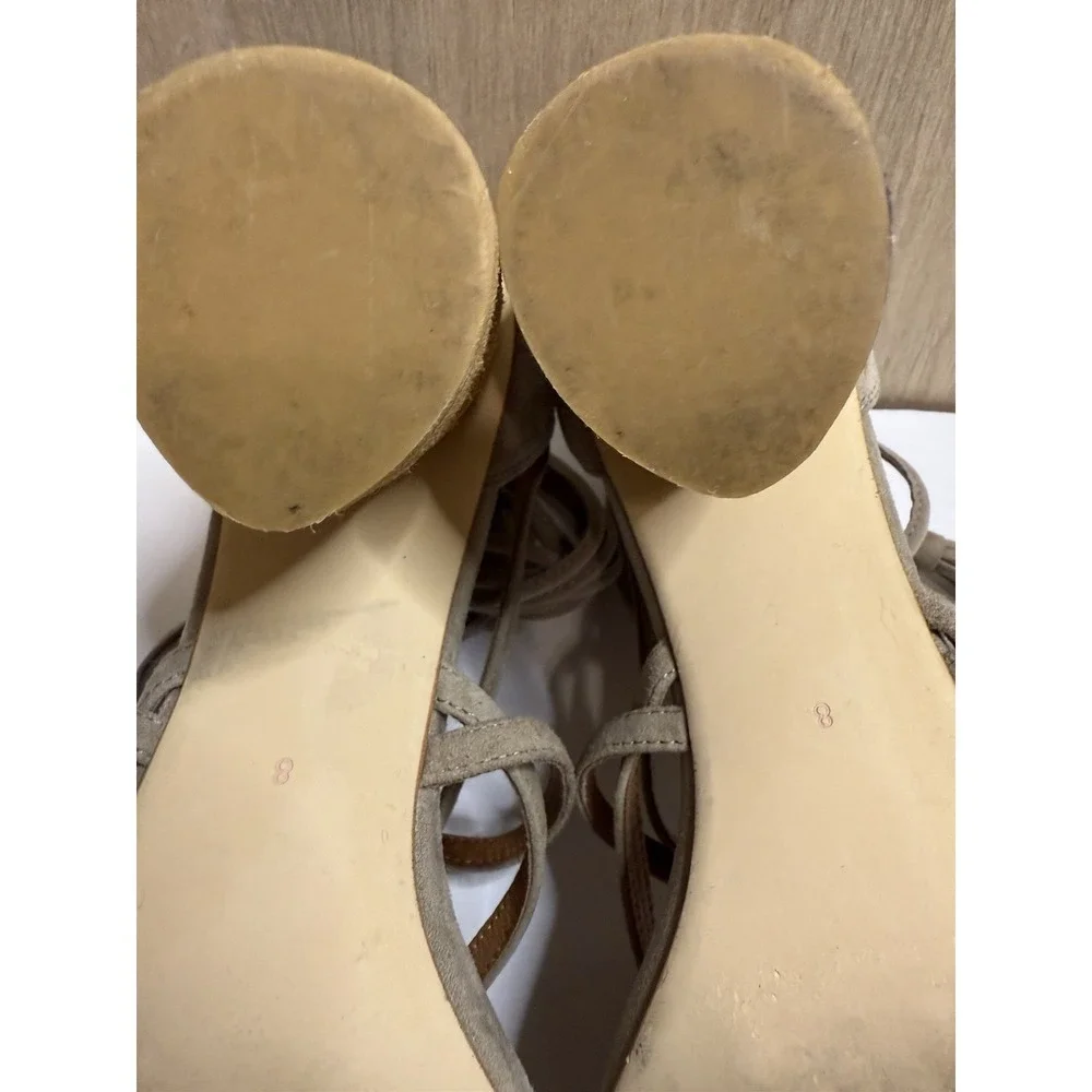 Jeffrey Campbell Despina Strappy Suede Tassel Block Heel Sandals Taupe Grey Sz 8